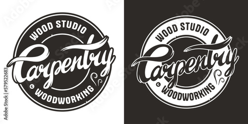 Logo or emblem for carpentry or wood carving. Design for jointer and carpenter or workshop or woodworking