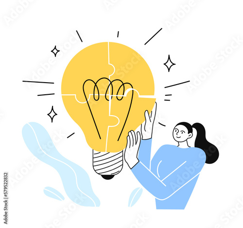Woman has an idea. She is putting a light bulb from a puzzle piece