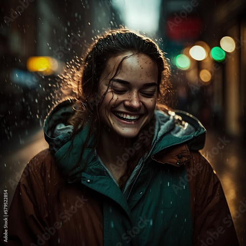 Young woman having fun under the rain, photorealistic AI-generated (no real person).