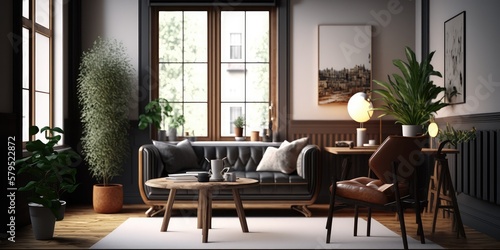 Modern interior live room with furniture and artwork. Created with generative Ai technology