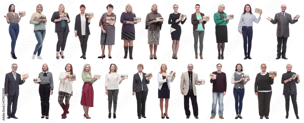 group of happy people with gifts in their hands isolated group of happy people with gifts in their hands isolated