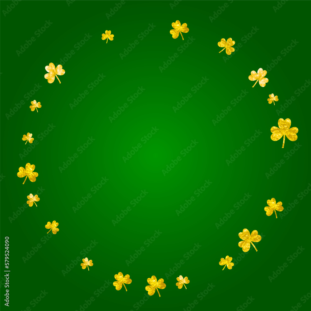 Obraz premium Clover background for Saint Patricks Day. Lucky trefoil confetti. Glitter frame of shamrock leaves. Template for voucher, special business ad, banner. Dublin clover background.
