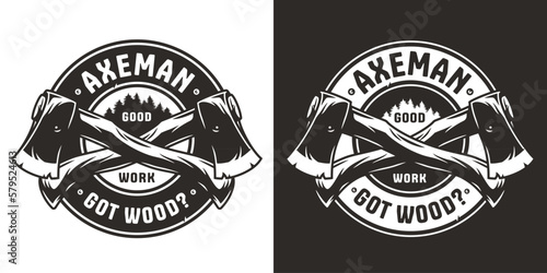 Logo, emblem with sharp axe of lumberjack and axeman. Hatchet or ax for woodworker and logger. Chop tool for print design