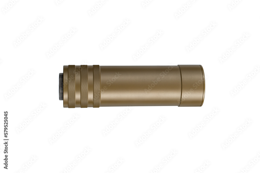 Brown silencer for weapons. Suppressor that is at the end of an assault rifle. Isolate on a white back. Brown silencer for weapons. Suppressor that is at the end of an assault rifle. Isolate on a white back.