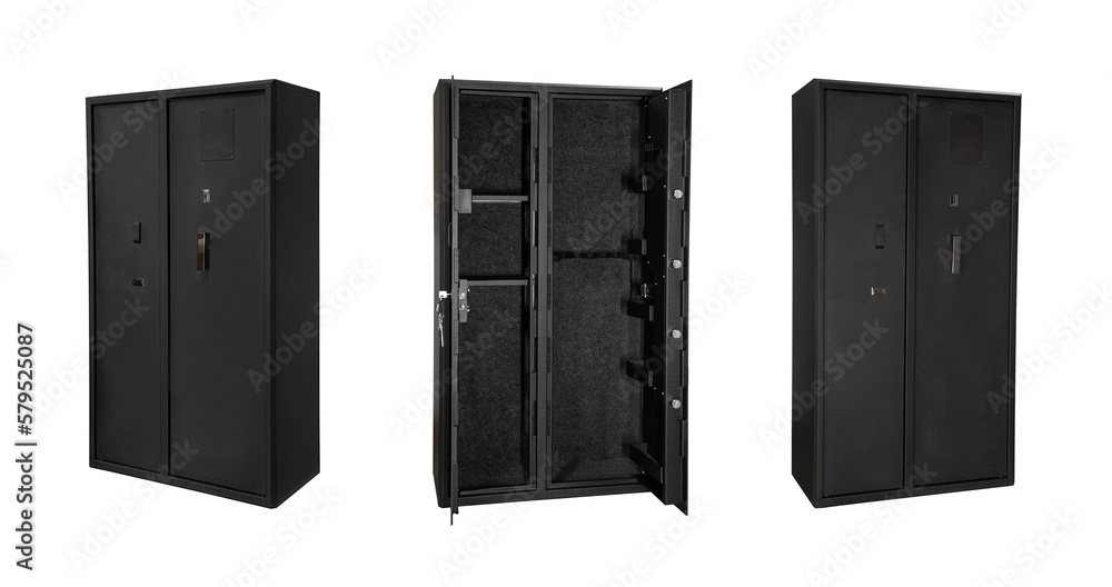 Double wing safe for weapons. A metal gun safe with two doors. Safe storage for weapons. Isolate on a white back - obrazy, fototapety, plakaty 