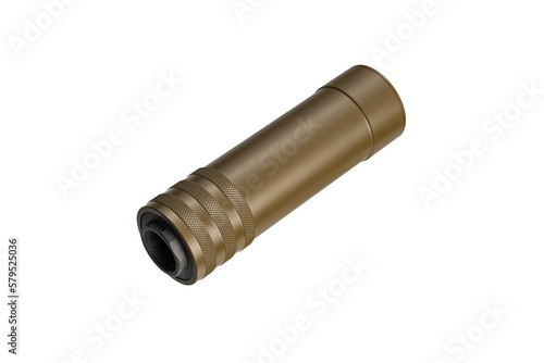 Brown silencer for weapons. Suppressor that is at the end of an assault rifle. Isolate on a white back.