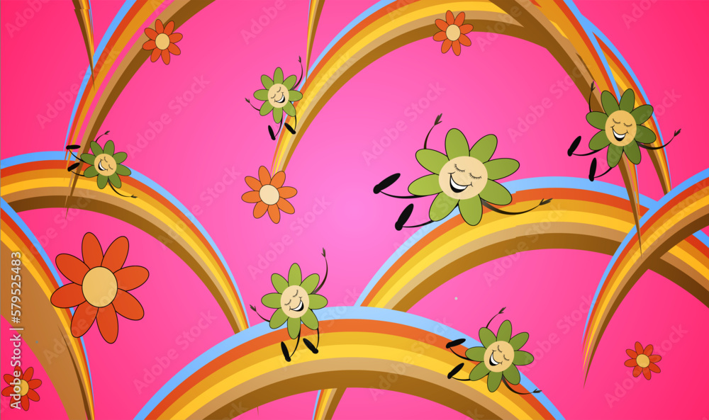 Obraz premium Seamless background with cheerful daisies among multicolored waves in the 70's style 