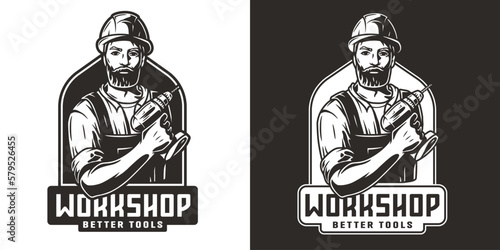 Bearded carpenter in for logo of carpentry or repair. Woodworker with electric screwdriver in his hands for design of workshop or woodworking