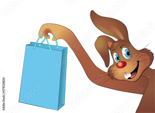 Osterhase hält fröhlich eine Einkaufstasche,
brauner Hase Portrait mit hängendem Ohr macht Werbung,
Vektor Illustration isoliert auf weißem Hintergrund
