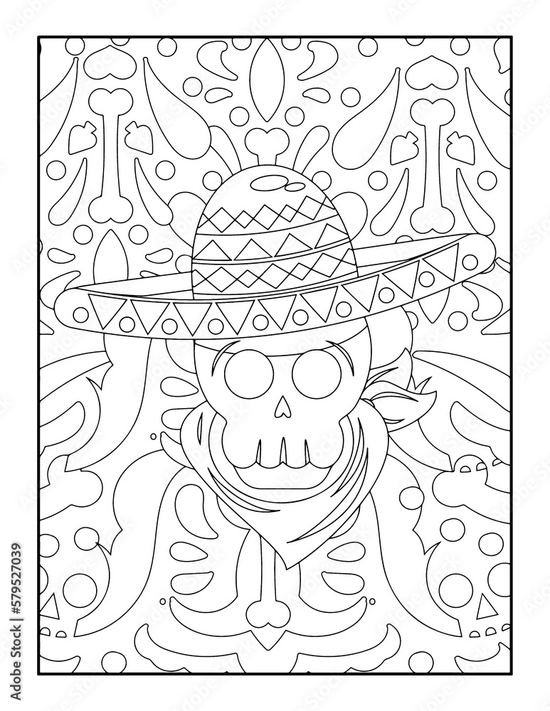 Coloring page for adults with skull in mexican sombrero