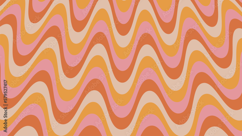 Groovy psychedelic wavy background in 70s style. Funky hippie backdrop for surface design. Abstract retro line art. Trendy vector illustration with colorful waves. Yellow, pink and orange pastel color