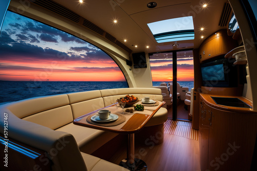 luxury motoryacht's interior at dusk. Generative AI photo