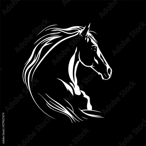 Minimalistic logo template, white icon of horse silhouette on black background, modern logotype concept for business identity, t-shirts print, tattoo. Vector illustration