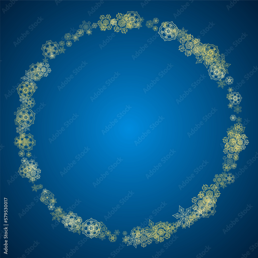 Fototapeta premium New Year snow on blue background. Gold glitter snowflakes. Christmas and New Year snow falling backdrop. For season sales, special offers, banners, cards, party invites, flyers. Frosty winter on blue.