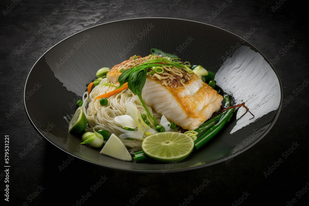 Thai-style Haddock with Rice Noodles, Generative AI Thai-style Haddock with Rice Noodles, Generative AI