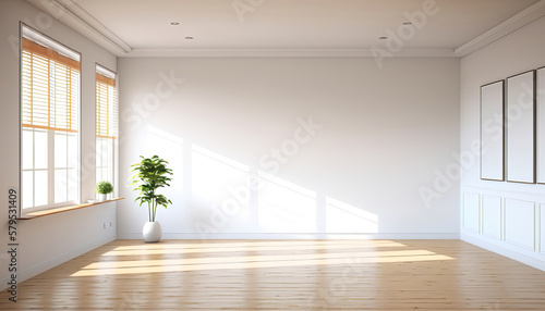 contemporary empty light and bright modern room with a window and empty walls with wooden floor and indoor plant  generative ai