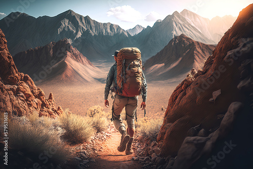 hiker in the mountains at sunset, beautiful landscape backgrond, generative ai