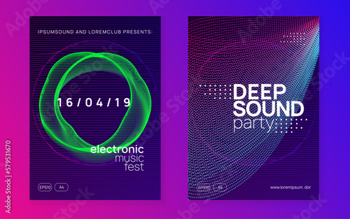 Music fest neon flyer. Electro dance. Electronic trance sound. Techno dj party. Club event poster.