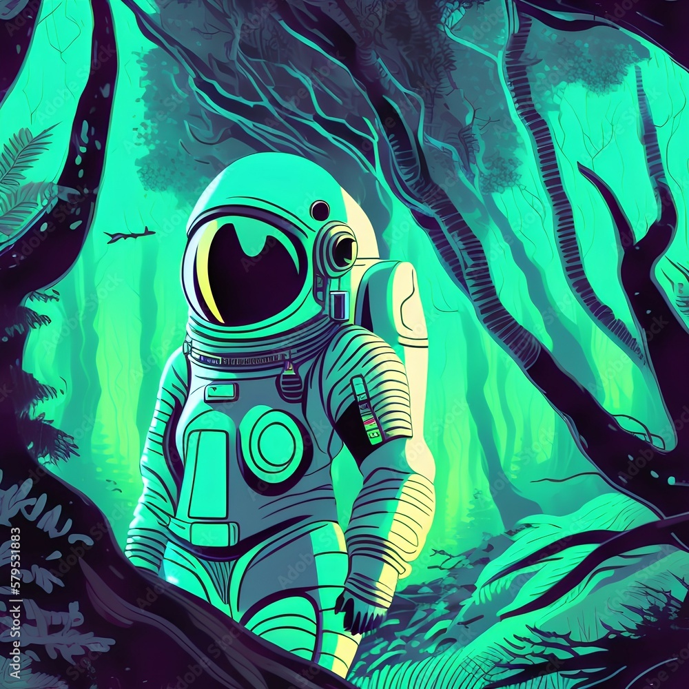 science fiction in vector illustration of a lady in a spacesuit is exploring the mysterious forest on an unknown planet - generative ai