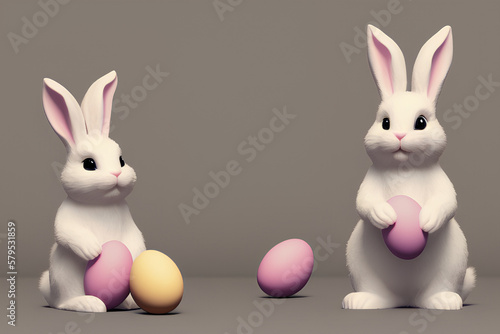 two white easter rabbits holding colorful eggs, 3d render, minimalist, pastel colors, beige background. Generative Ai