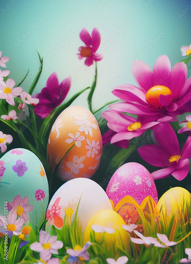 Pastel colorful Easter eggs in a flower field. Generative AI illustration