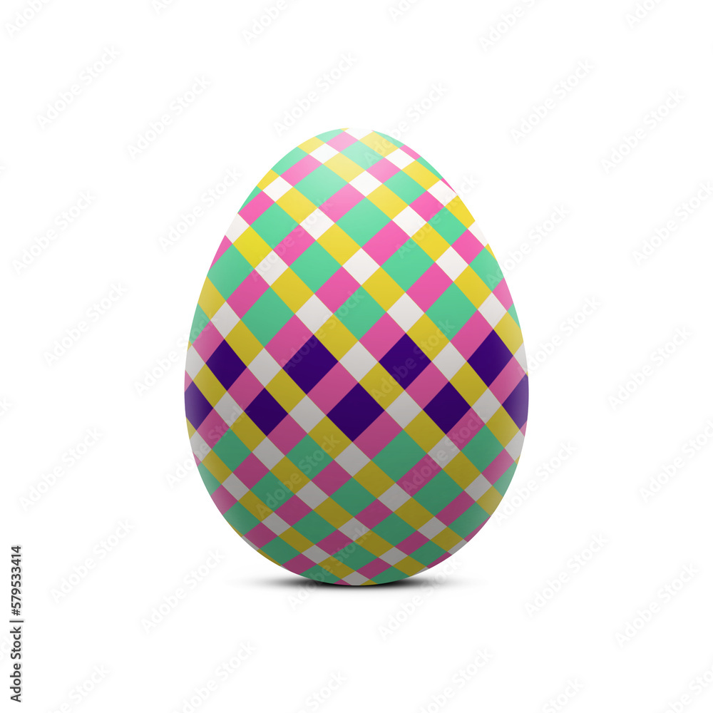 Easter eggs in colorful retro cubic pattern on transparent background. Illustration of Easter egg decorated with multicolored rhombus in 1980s style. Festive striped PNG element for your creativity.