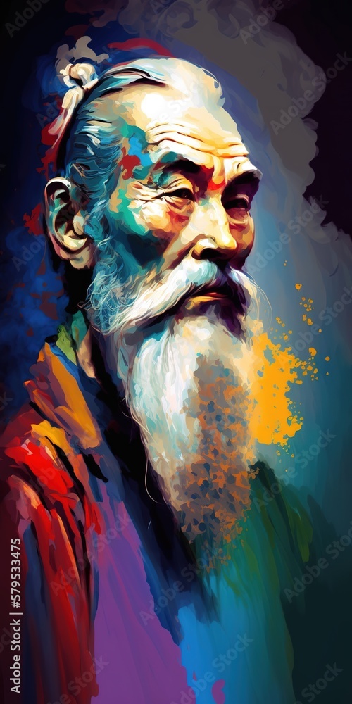 Painting of Laozi, famous Taoist philosopher. Generative AI vertical illustration
