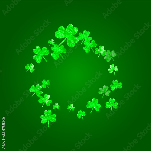 Shamrock background for Saint Patricks Day. Lucky trefoil confetti. Glitter frame of clover leaves.. Template for flyer, special business offer, promo. Festal shamrock background.