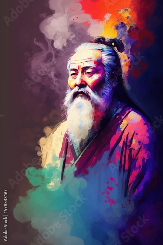 Lao-Tse watercolor painting. Taoist philosopher also known as Laozi. Generative AI vertical illustration photo