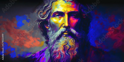 Colorful modern oil painting of Zarathustra also known as Zoroaster, founder of Zoroastrianism. Copy space for advertisement or text. Generative AI illustration photo