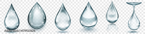 Set of realistic translucent water drops in gray colors in various shapes with glares and shadows, isolated on transparent background. Transparency only in vector format