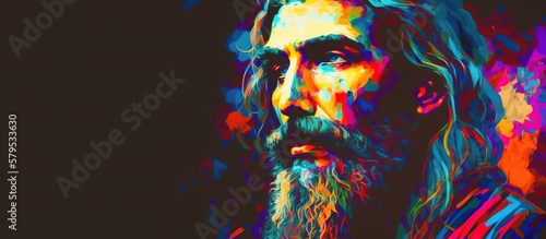 Colorful painting banner of Zarathustra over black background with copy space. Generative AI illustration photo