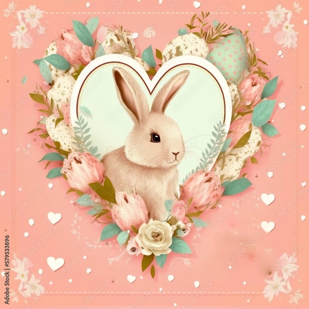 Easter Bunny Card. Template card with a cute bunny, Easter eggs and flowers on the pastel pink background with colored inscription. Hearts. Happy Easter , generative AI Easter Bunny Card. Template card with a cute bunny, Easter eggs and flowers on the pastel pink background with colored inscription. Hearts. Happy Easter , generative AI