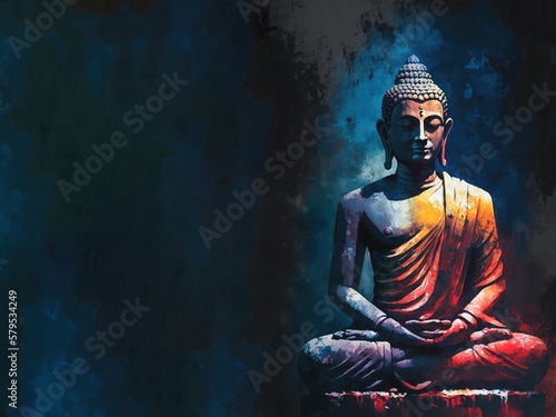Illustration abstract banner of Mahavira statue over dark background with copy space. Generative AI illustration