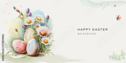 
Abstract watercolor vector background. Beautiful Easter eggs on the spring lawn.
 Luxury cover design with text, floral theme and brush style.
  floral art for  websites and prints.