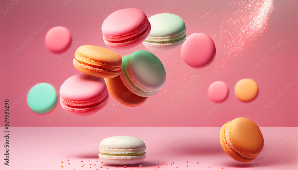 Obraz premium Pink floating macaroons, plain sprinkled background. Generative AI illustration