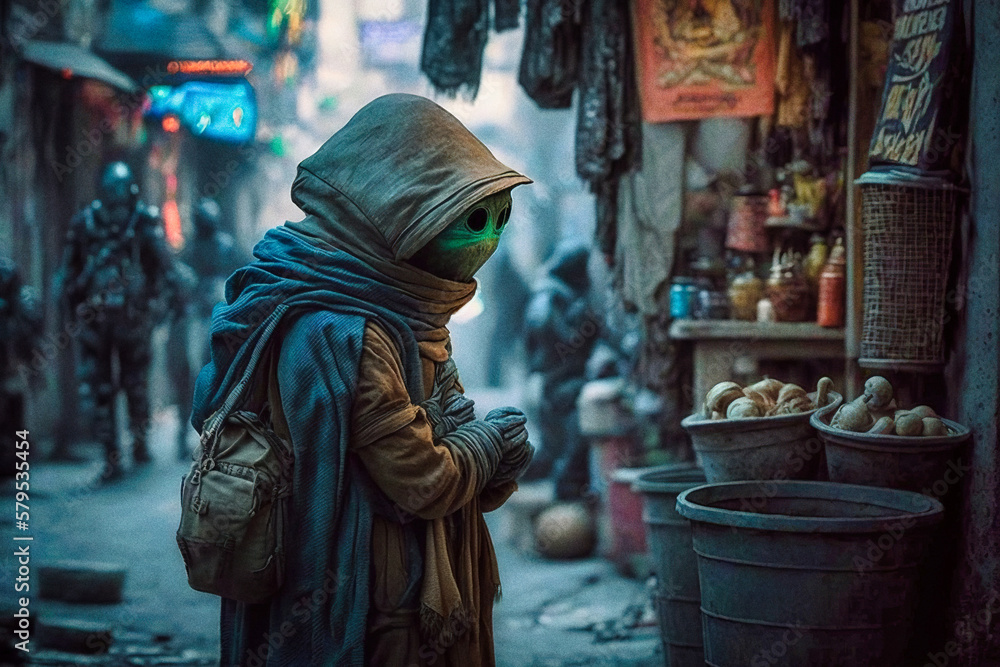 An alien shopping in the streets of a futuristic city, generative ai