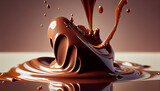 Splashes of liquid cocoa hot chocolate. Delicious melted dark chocolate dessert. Generative AI illustration