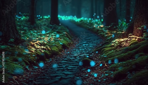 Beautiful dark forest path in blue hour light, with soft bokeh fairy lights, low angle depth of field landscape.