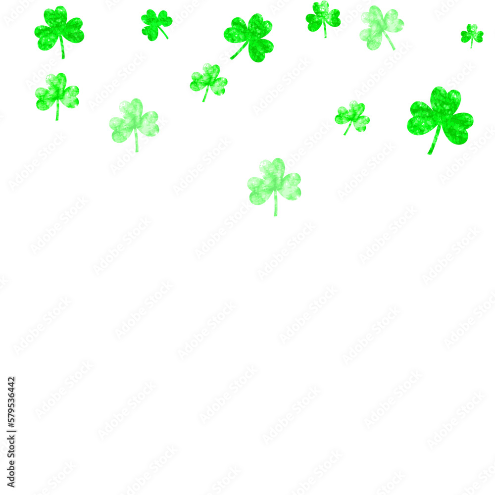 St patricks day background with shamrock. Lucky trefoil confetti. Glitter frame of clover leaves. Template for gift coupons, vouchers, ads, events. Happy st patricks day backdrop.