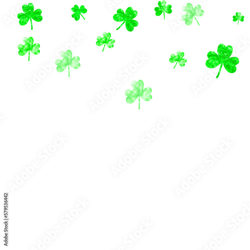 St patricks day background with shamrock. Lucky trefoil confetti. Glitter frame of clover leaves. Template for gift coupons, vouchers, ads, events. Happy st patricks day backdrop.