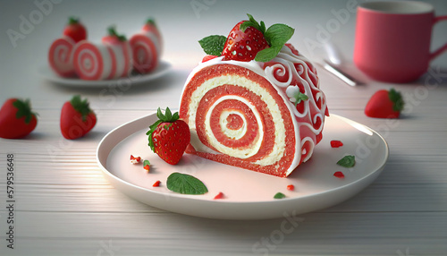 Delicious and strawberry sweet roll cake on a plate. Generative AI.