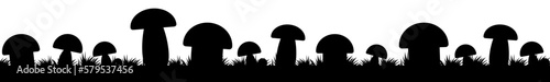 Mushrooms with grass horizontal illustration.  Mushrooms black silhouette. Vector EPS 10