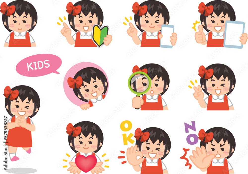 女の子バリエーション　初心者マーク　スマートフォン　タブレット　虫眼鏡　ハート　OK　NO