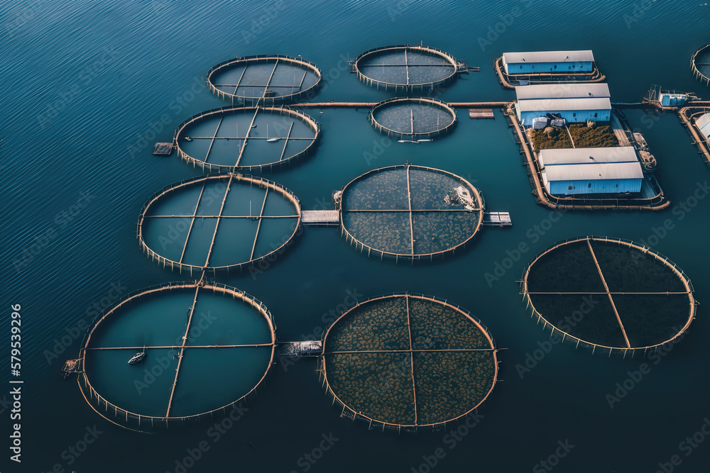 Aerial view of the prawn farm. Generative AI