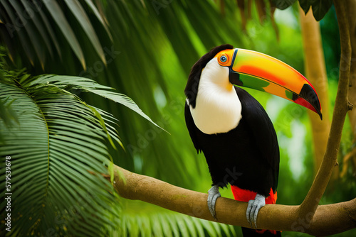 Toco toucan in the reserve of exotic tropical birds. Generative AI photo