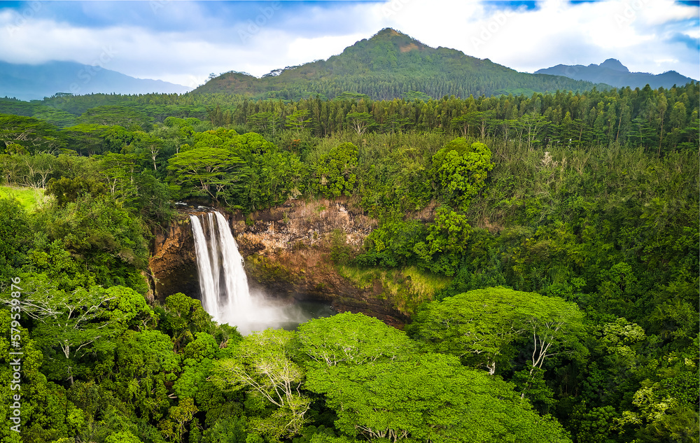 Drone photo of waterfall in the mountains of Kauai 