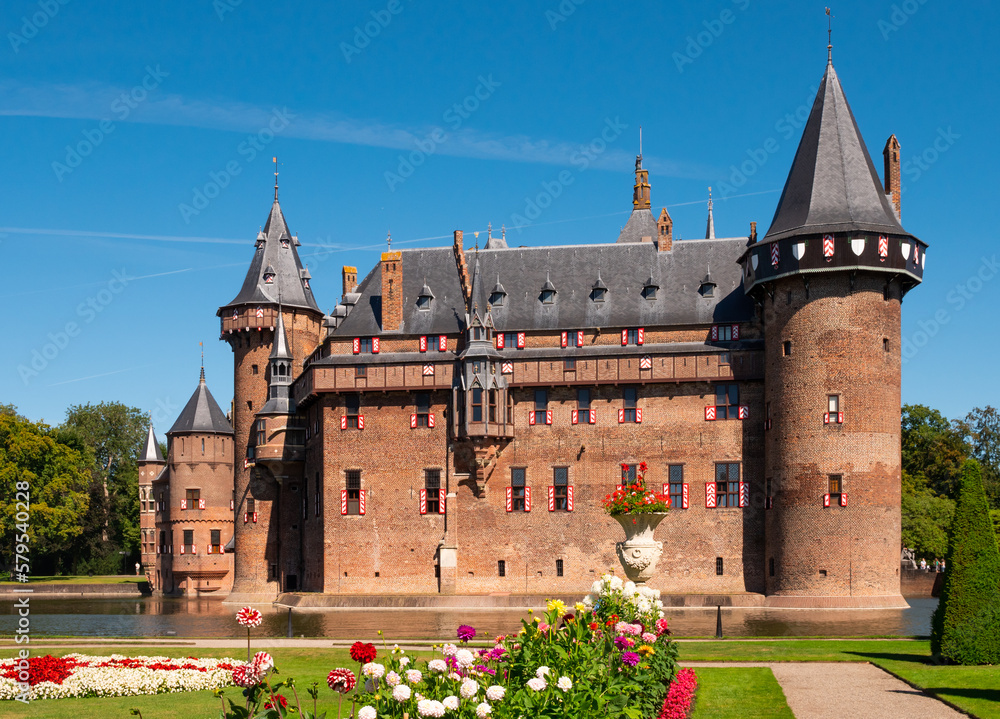 Dutch castle surrounded by garden, De Haar Castle, located in Utrecht, Netherlands.