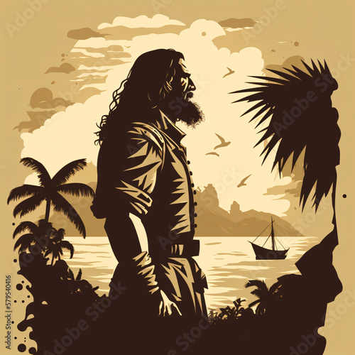 Robinson Crusoe silhouette portrait vector flat design illustration Generative Ai photo