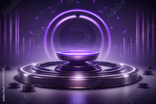 Empty purple podium floating in the air with purple neon rings on background and hologram of digital rings on a floor. Generative AI